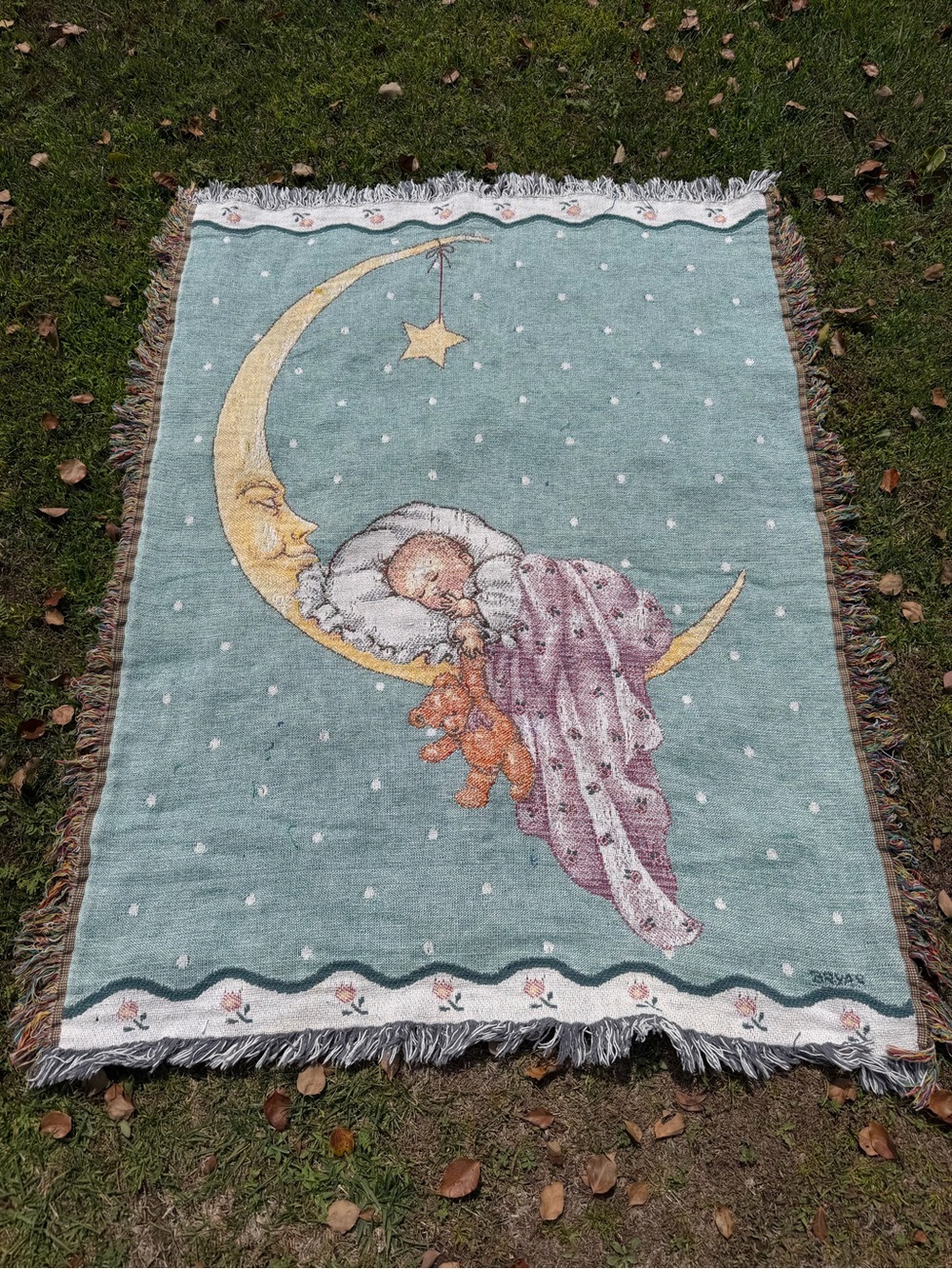 VTG Celestial Crescent Moon Face Sleeping Baby Woven Throw Blanket 41x52 GUC